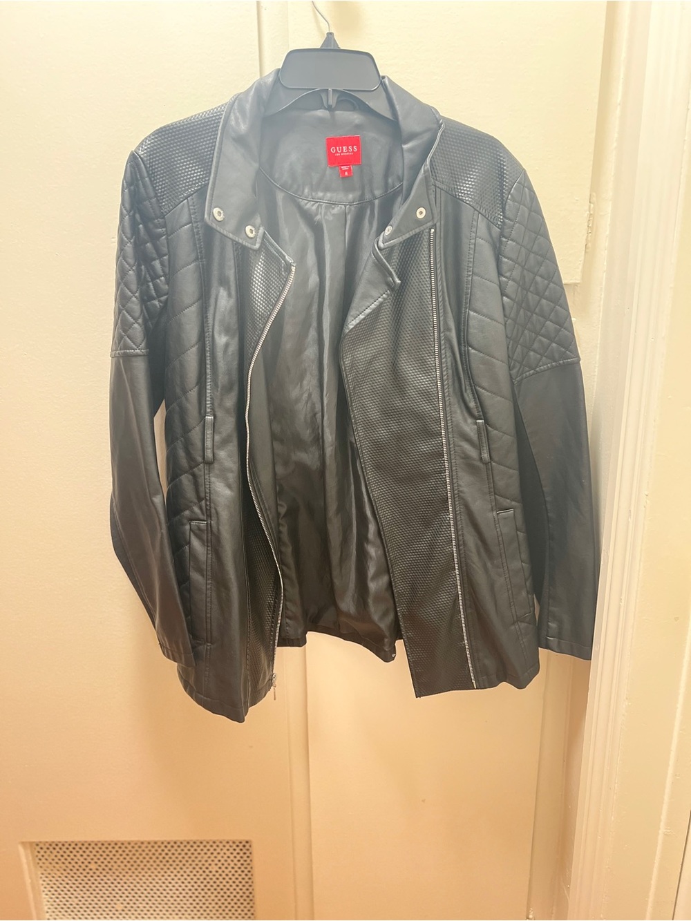 GUESS Black Quilted Panel Faux-Leather Moto Jacket